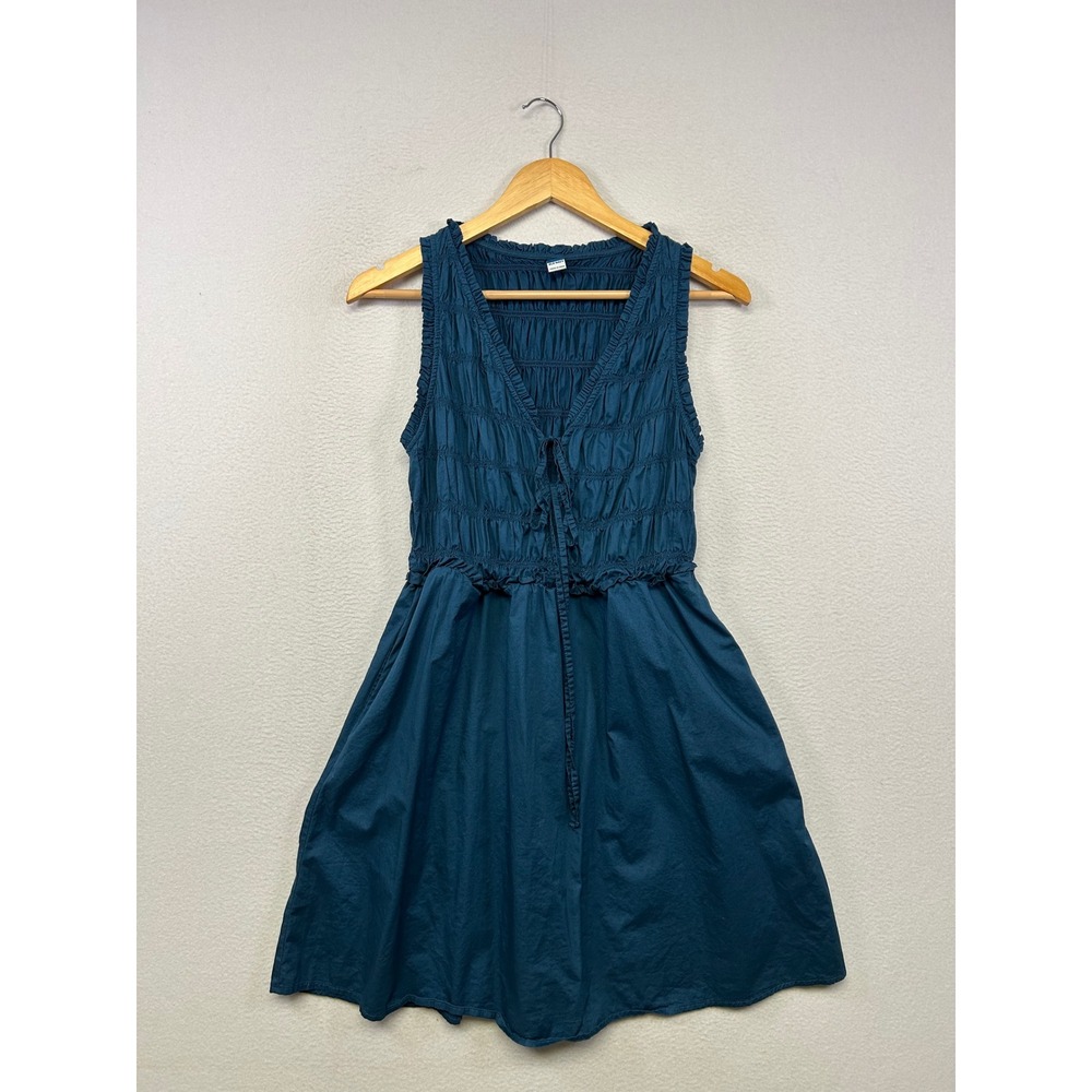 Cottagecore Boho Old Navy Womens S Teal Blue Smocked Ruffle Mini Dress Pockets